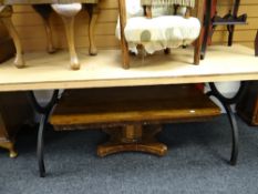 A metal legged long work-table together with a Long John-style coffee table & two occasional tables