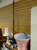 A nicely carved darkwood standard lamp & shade together with two table lamps & shades