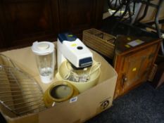 A small pine hanging corner cupboard, stoneware jar, Kenwood Chef food-mixer