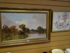 Modern framed oil on canvas of meandering river & riverbank, signed, together with a framed