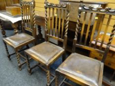 Set of four vintage barley-twist and high splat back cushion seated dining chairs