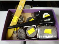 A hallmarked silver purse, parcel of white metal brooches by Kelt, hair grips etc