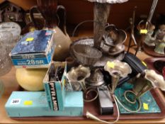 A tray of miscellaneous items including stoneware twin-handled vase, brass sculptures, vintage