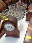 Mahogany inlaid dome mantel clock together with a glass vase