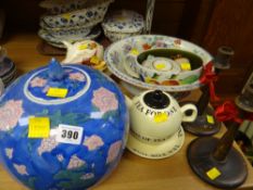 A Chinese ceramic lidded jar, pair of short wooden candlesticks, Staffordshire bowl & various