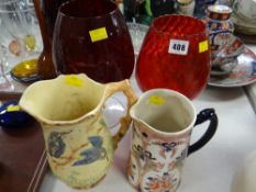 Two ruby glass stemmed balloon vases, an Arthur Wood Kingfisher jug together with a Johnsons Bros