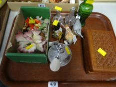 A parcel of items including Wade Whimsies, small silver topped bottles, Royal Worcester model birds,
