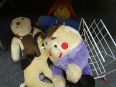Various soft toys including Paddington Bear etc together with a vintage wire magazine rack