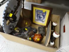 Unusual brass electric desk lamp together with another wall light, child's skate board, ophthalmic