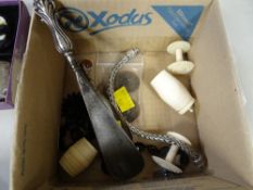Parcel of bijouterie ivory cotton reels, silver topped shoe horn etc