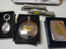 Three boxed items of Dalvey metalware including card case, hip flask & two miniature models 'The