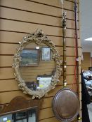 Small ornate gilt plaster framed mirror together with a copper bed warming pan