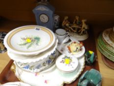 Tray of mixed china including Wedgwood mantel clock, bread plates, tazza etc