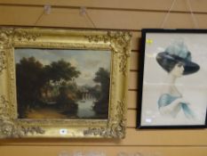 Early twentieth century gilt framed oil on board of a river scene with overlooking castle in