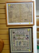 Framed sampler dated 1947 together with a framed map of Warwick