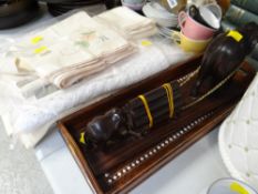 Small inlaid Indian tray, carved Indian elephant sculpture, quantity of table linen