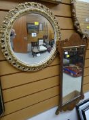A small circular wooden gilt framed mirror together with a wooden painted hall mirror