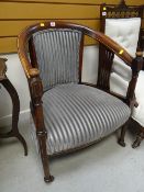 Mahogany & banded bucket-style chair with cushioned back & seat