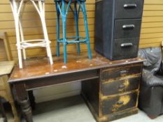 A vintage oak office / shop cashier's desk together with a small filing cabinet