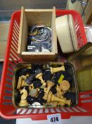 Wooden chess set, folder of First Day covers, various coins & vintage lapel badges