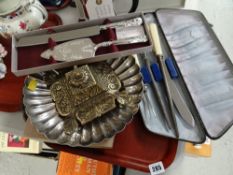 Cased carving set & servers, brass inkwell, vintage Harrods electroplate coffee pot