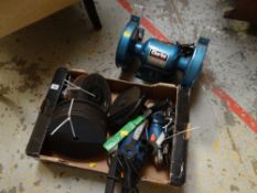 A Clarke bench mounted grinder together with two angle grinders & selection of discs