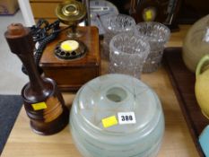 A reproduction two-piece wall mounted telephone, vintage light shades etc