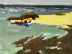 DONALD McINTYRE mixed media - fisherman and boats, entitled verso 'Three Boats', 30 x 40cms