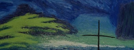 ADRIAN PAUL METCALFE oil on canvas - seascape with cross, entitled verso 'Island Passage', 40 x