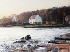 DAVID PORTEOUS-BUTLER oil on linen - the Menai Straits with cottage and trees, entitled verso '