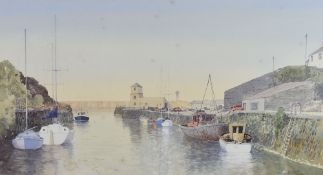 JEREMY YATES watercolour - busy scene at Amlwch Port, signed, 27.5 x 51cms