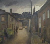 GEORGE CHAPMAN oil on canvas - South Wales Valleys street scene with figures and hilltop church,