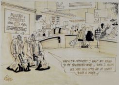 GRENFELL 'GREN' JONES original 1984 pen and ink - humorous cartoon with two disheveled gents talking