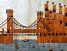 LATE VICTORIAN SCHOOL straw work picture - Conwy Castle, Tubular & Suspension Bridges with a train