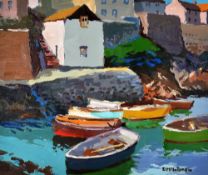 DONALD McINTYRE acrylic - Cornish harbour with small boats and buildings, entitled verso 'Coverack',