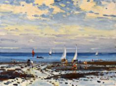 EDWIN FORREST oil on board - sunny day at Penmaenmawr with numerous yachts and figures, signed, 22.5
