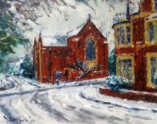 DAVID GRIFFITHS oil on board - view towards St. Edwards Church, Roath, Cardiff in winter, signed, 41