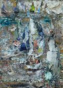 TERRY SETCH oil & encaustic wax on board - sailing scene, entitled verso 'Winter Wind and Sail