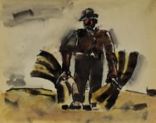 JOSEF HERMAN mixed media - peasant harvesting, circa 1949-50, 20 x 25cms Provenance: purchased