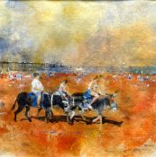 ROB PIERCY mixed media - Llandudno beach scene with three donkeys and their riders and the pier in