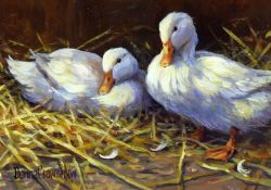 DONNA CRAWSHAW oil on card - two ducks, signed, 12 x 17cms