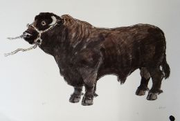 SIR KYFFIN WILLIAMS artist's proof coloured print - the iconic standing tethered Welsh black bull,