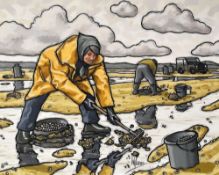 ALAN WILLIAMS oil on canvas - cockle gatherers, signed in full, 44 x 54cms