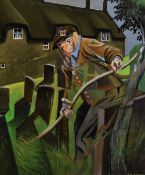 ALEX CAMPBELL oil on canvas - figure working amongst gravestones, entitled verso 'Scything the