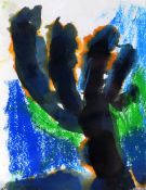 JOSEF HERMAN mixed media - cactus / tree with blue background, 11 x 8.5cms Provenance: originally