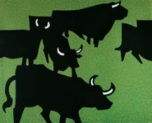 SIR KYFFIN WILLIAMS RA limited edition (73/150) linocut - five horned cattle on green background,