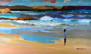 DONALD McINTYRE oil / acrylic - superb rocky beach scene, with waves on a blustery day and figure on