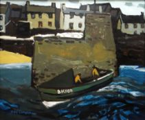 DONALD McINTYRE acrylic on board - harbour scene, boat with two handlers entering Craster Harbour,