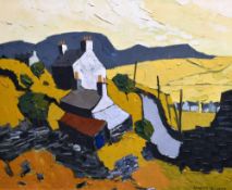 GWILYM PRICHARD oil on canvas - Snowdonia lane with buildings and figure, entitled verso '