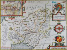 JOHN SPEED coloured and tinted antiquarian map of Carmarthenshire entitled 'Caermarden - Both